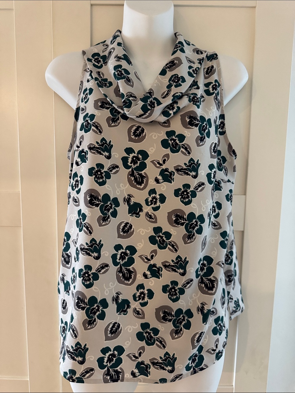 Ann Taylor Cream Cowl Neck Tank with Teal and Gray Floral Print